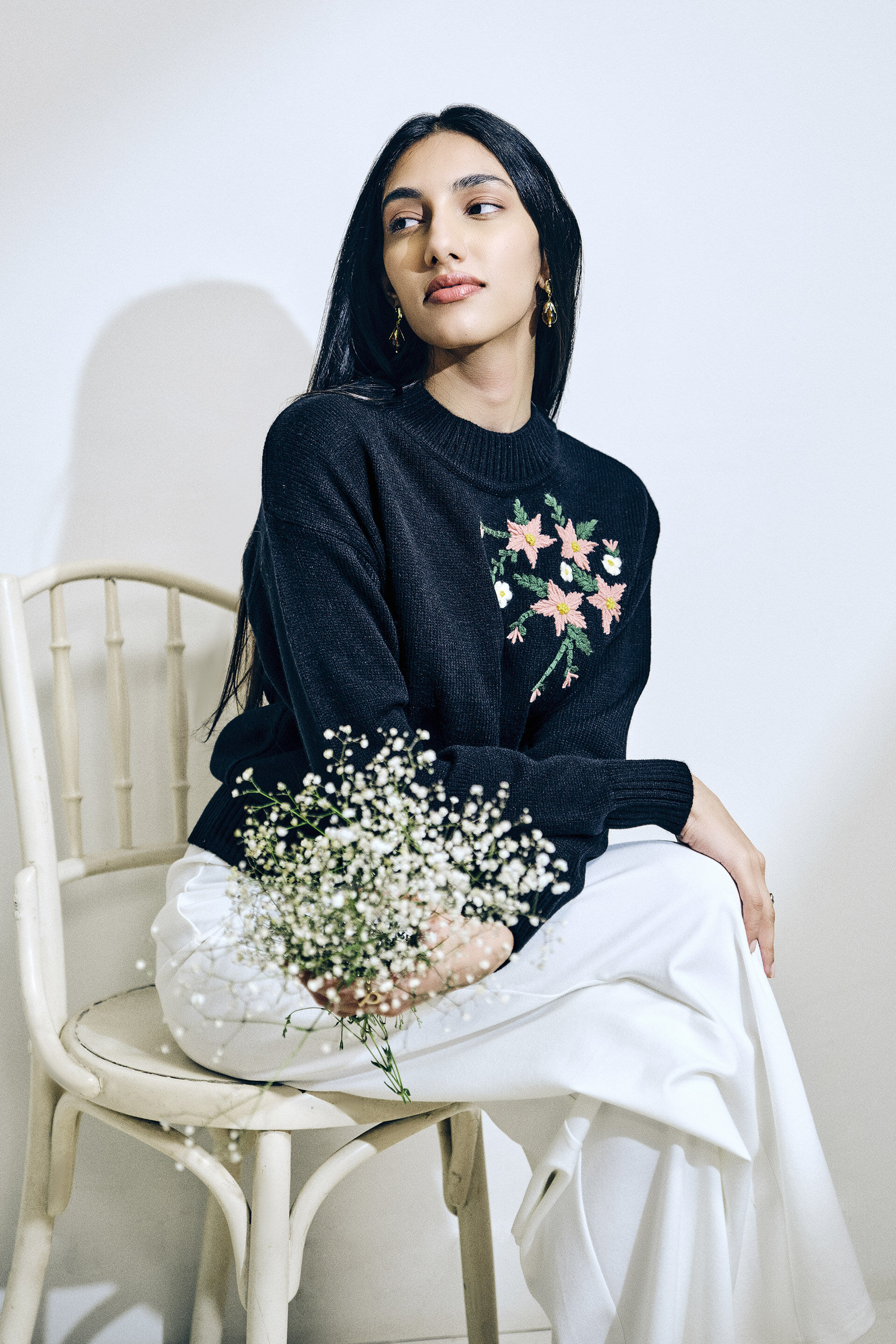 Floral Embroidery Black Sweater, Black, image 2